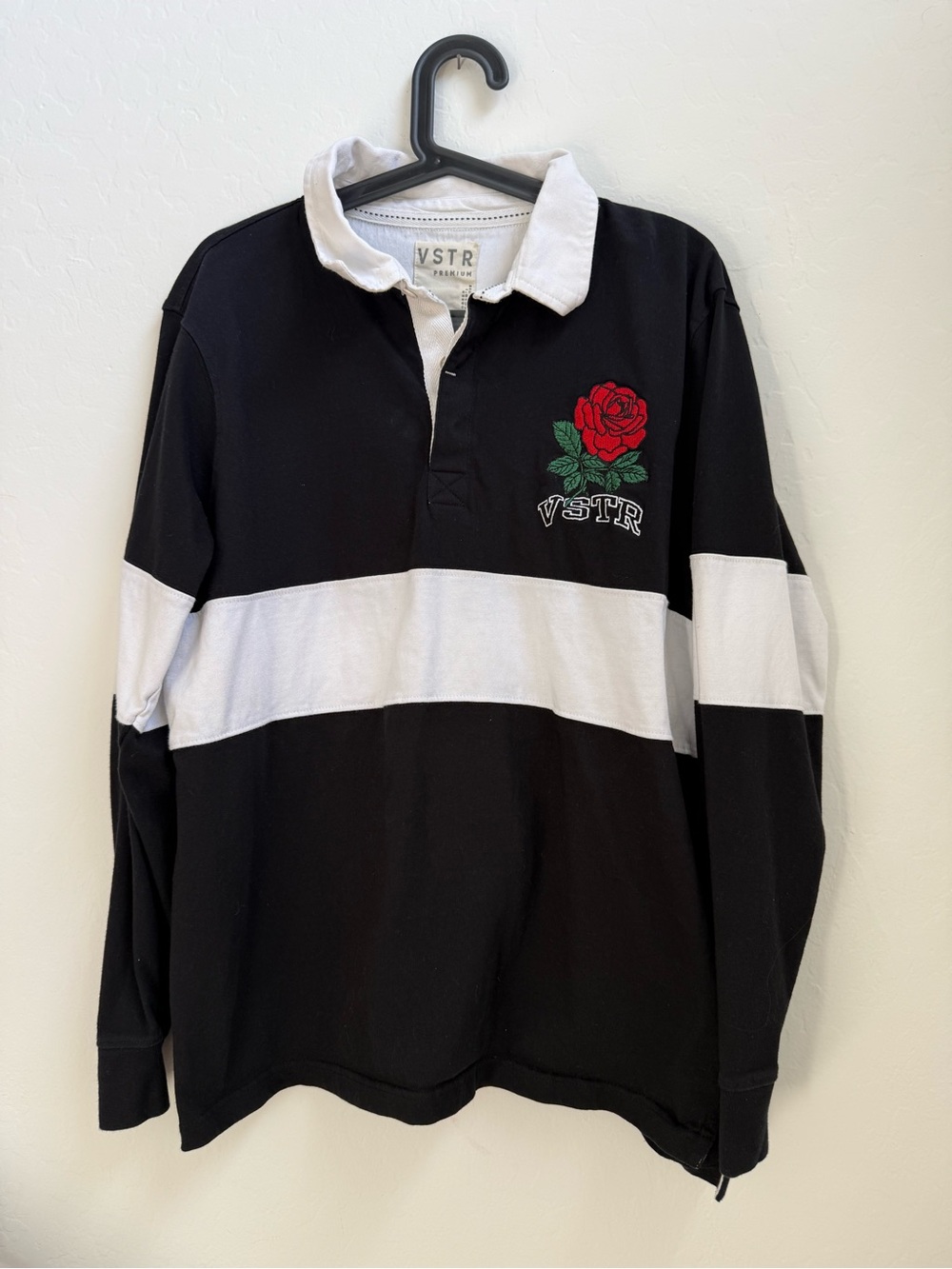 VSTR Black & White Rugby Shirt with Rose Embroidery